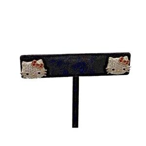 Hello Kitty Earrings Diamonique Sterling Silver Stud Red Bow Pavé Stones